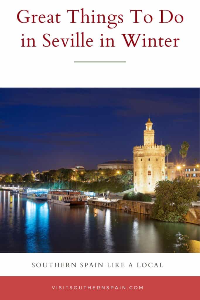 A pin with Seville in Winter at night with river and Tower.