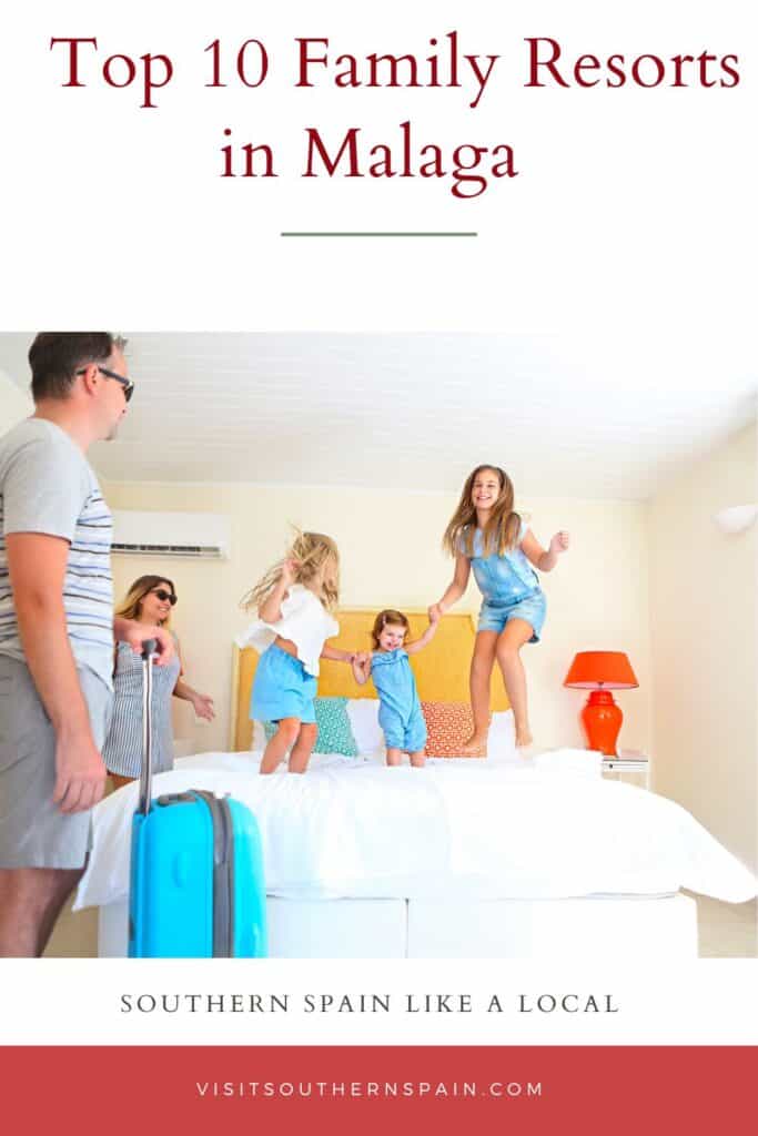 a pin with kids jumping on a hotel bed at one of the Best Family Resorts in Malaga