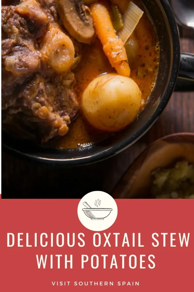 a pin with an oxtail stew with potatoes in a black bowl.