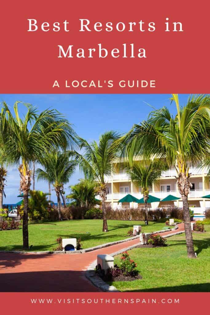 a pin with the exterior of one of the best Resorts in Marbella with garden and palm trees.