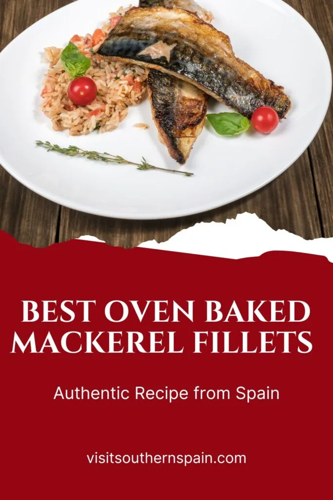 a pin with oven baked mackerel fillets served with rice.