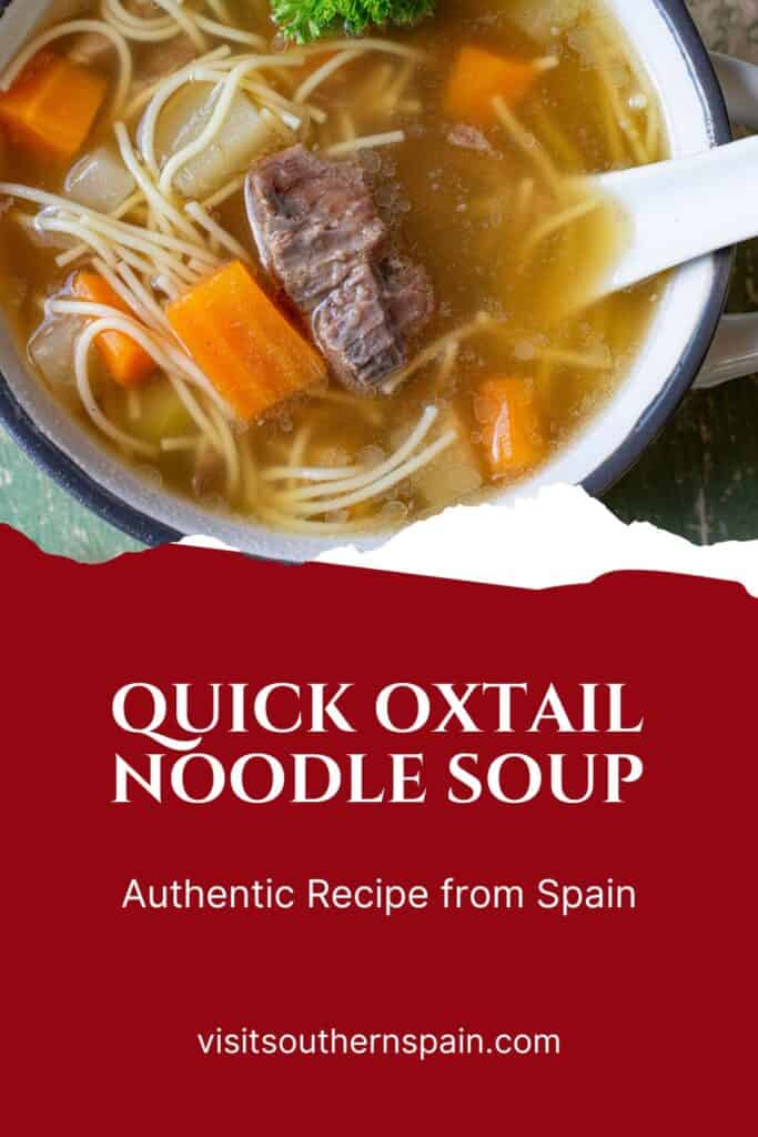 a pin with a bowl of Oxtail Noodle Soup with vegetables.