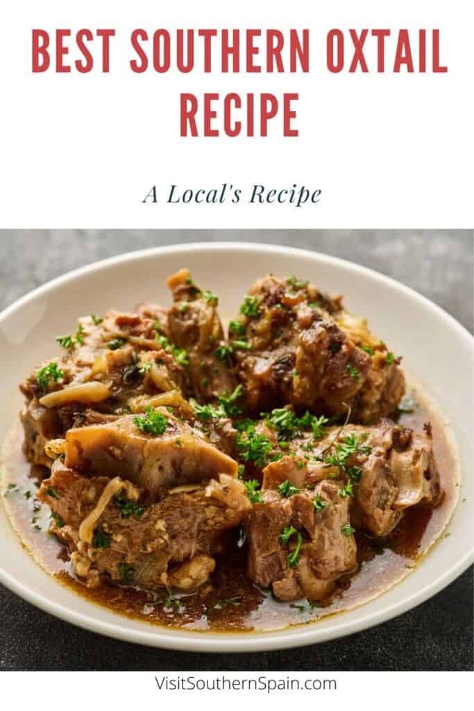 a pin with a southern oxtail recipe in a bowl,