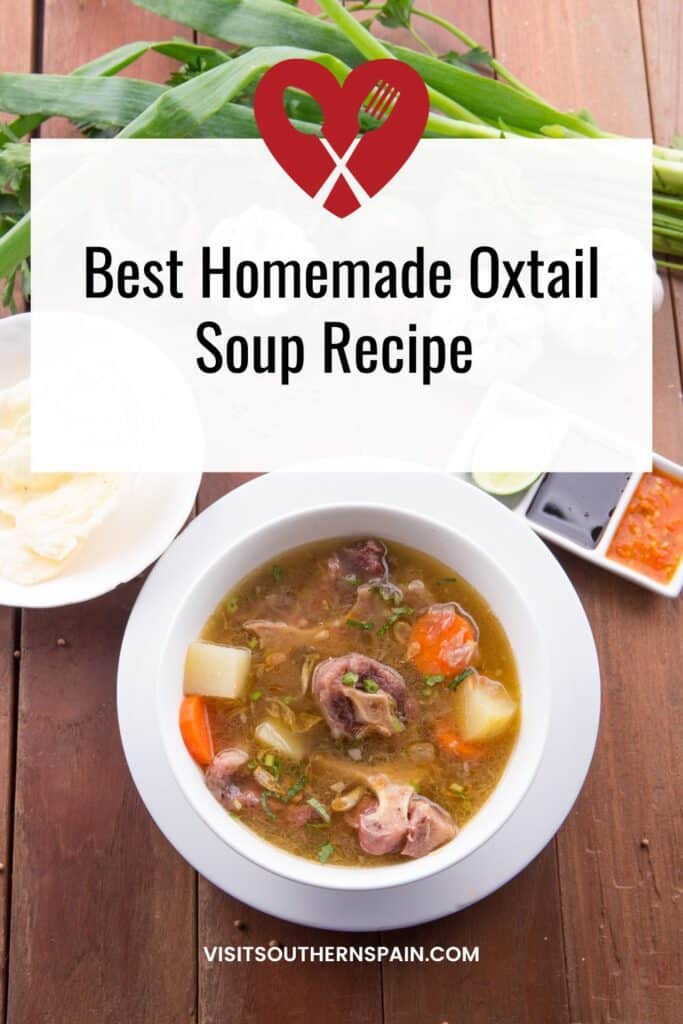 a pin with a bowl of homemade oxtail soup