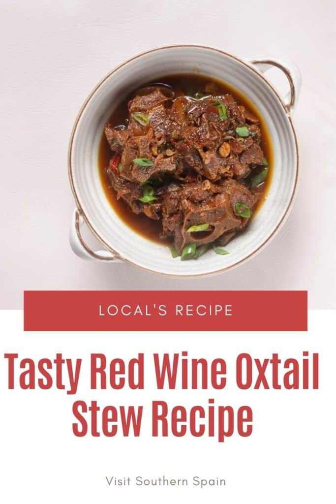 a pin with red wine oxtail stew served in a pot.
