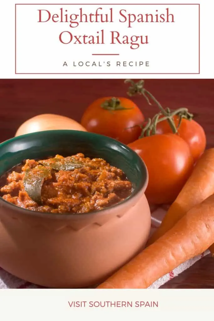 a pin with a clay bowl of oxtail ragu recipe.