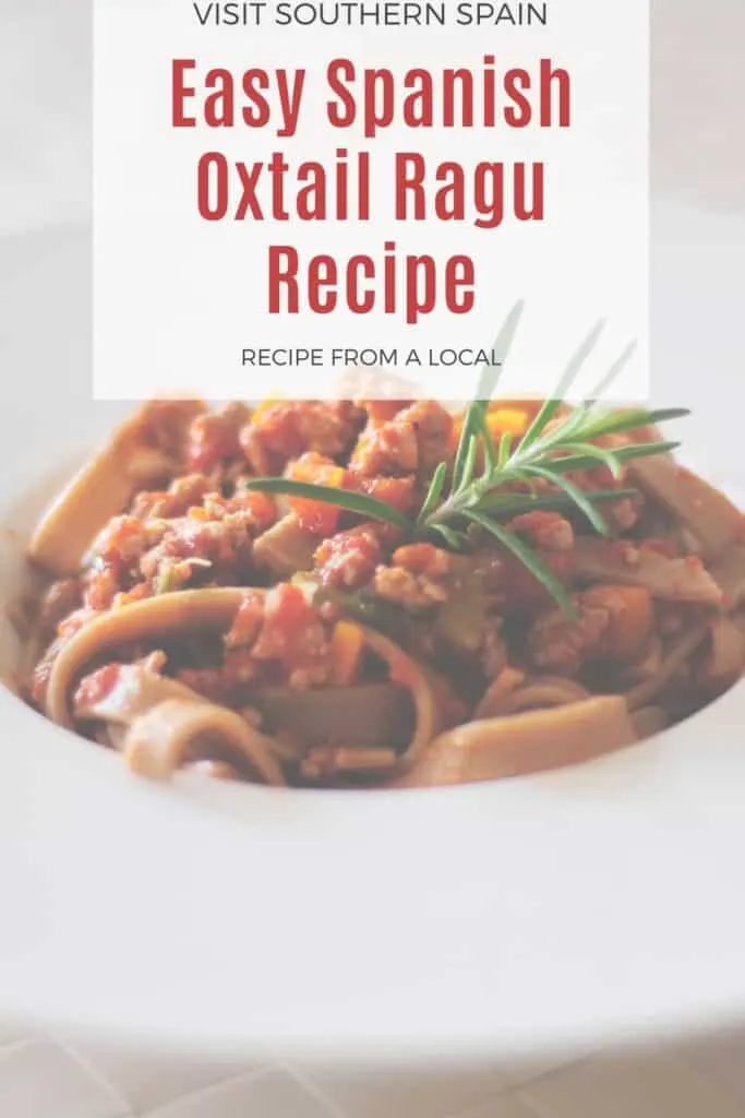 a pin with a bowl of pasta made with oxtail ragu recipe