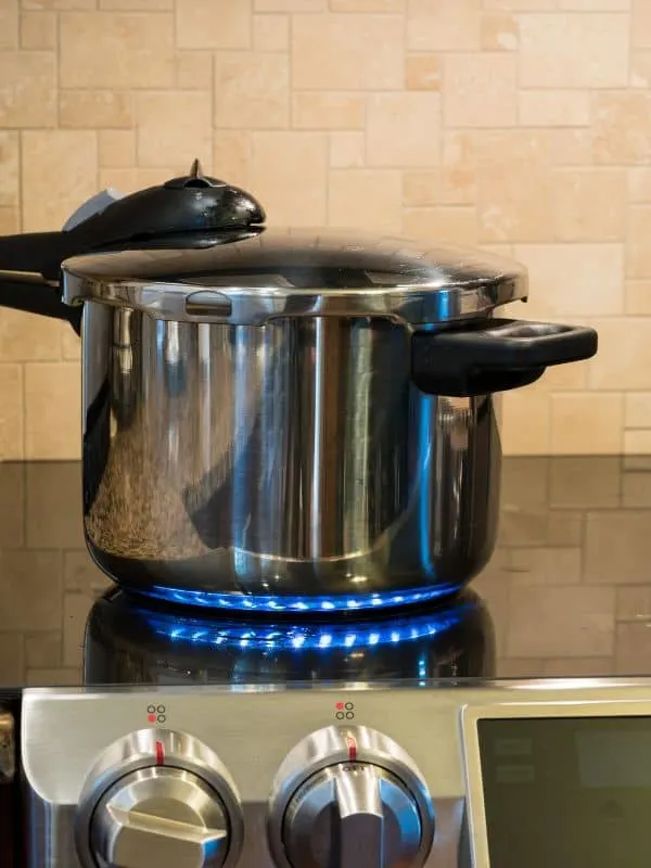 a pressure cooker on a stove to make the oxtail stew with vegetables 