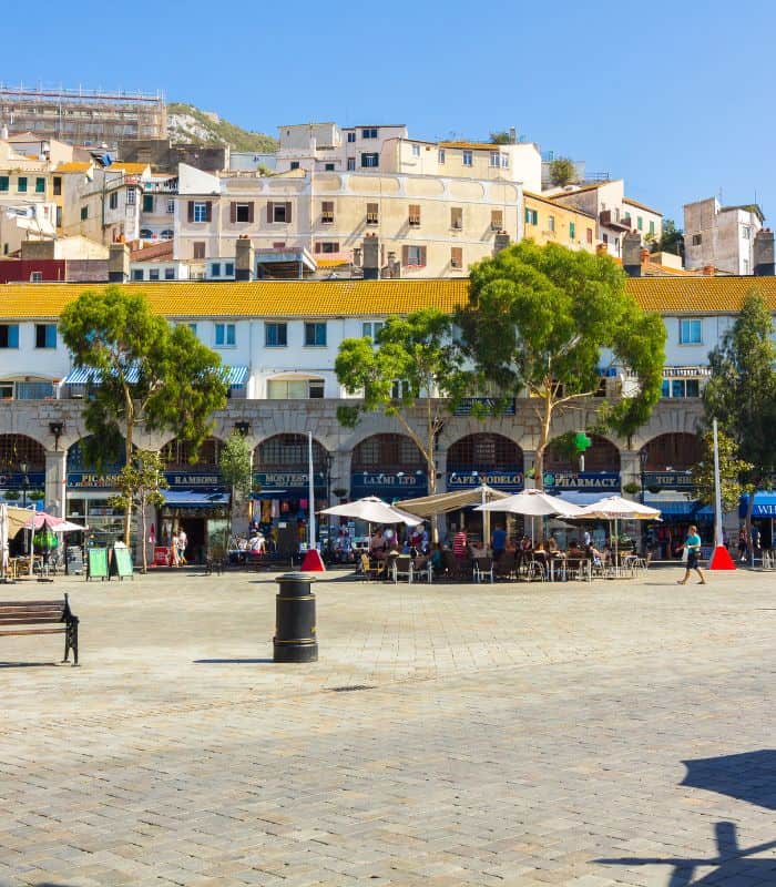 view of the Grand Casemates Square  in gibraltar with bars and shops