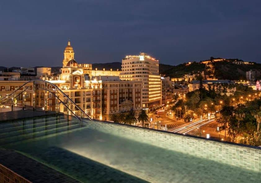 view of the city from the rooftop pool of the Only YOU Hotel Málaga, one of the best hotels in malaga centre