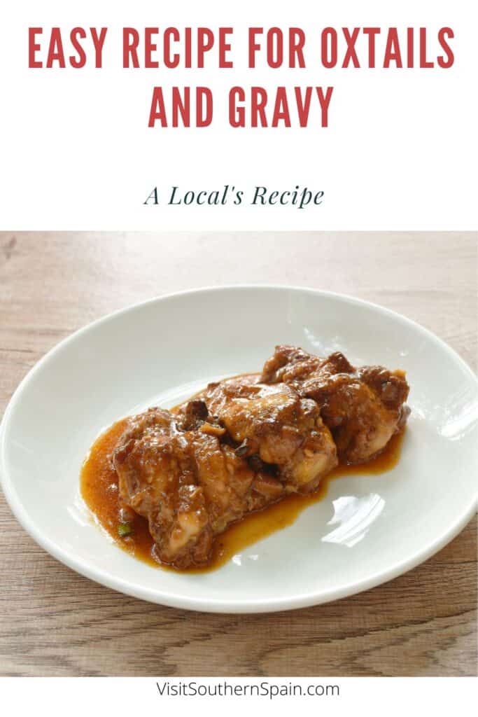 a pin with an oxtail dish made with the recipe for oxtails and gravy and served on a plate