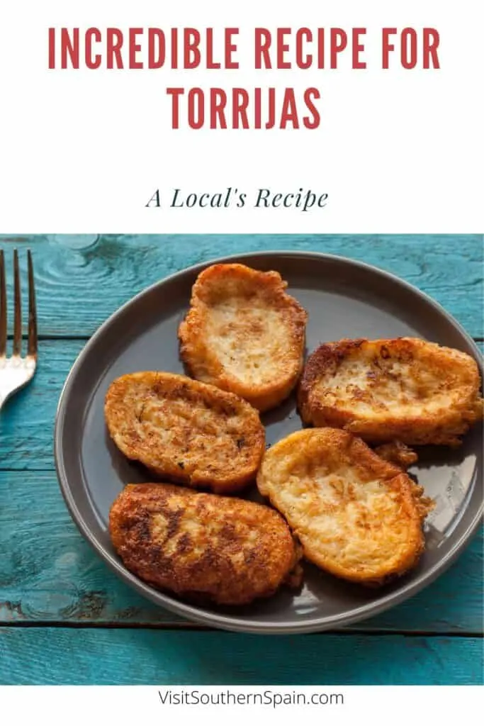 a pin with fresh torrijas on a plate made with the recipe for torrijas