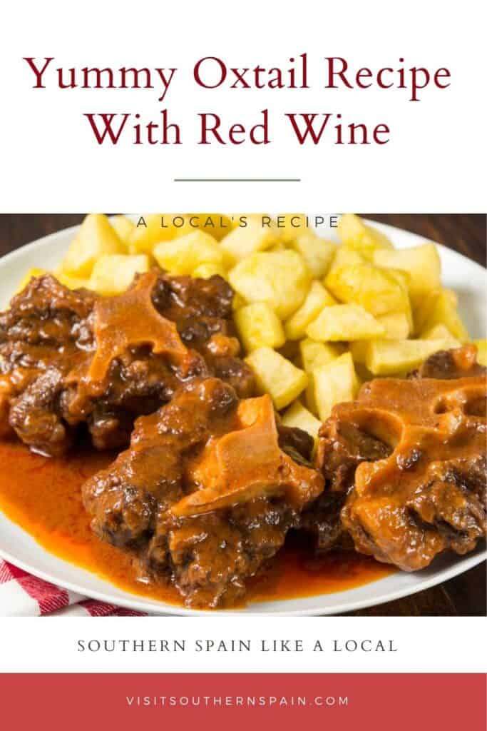 a pin with a oxtail recipe with red wine served with potatoes.