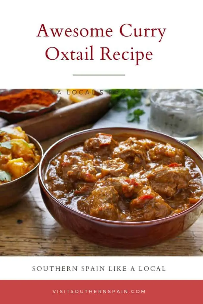 a pin with a curry oxtail recipe in a wooden bowl