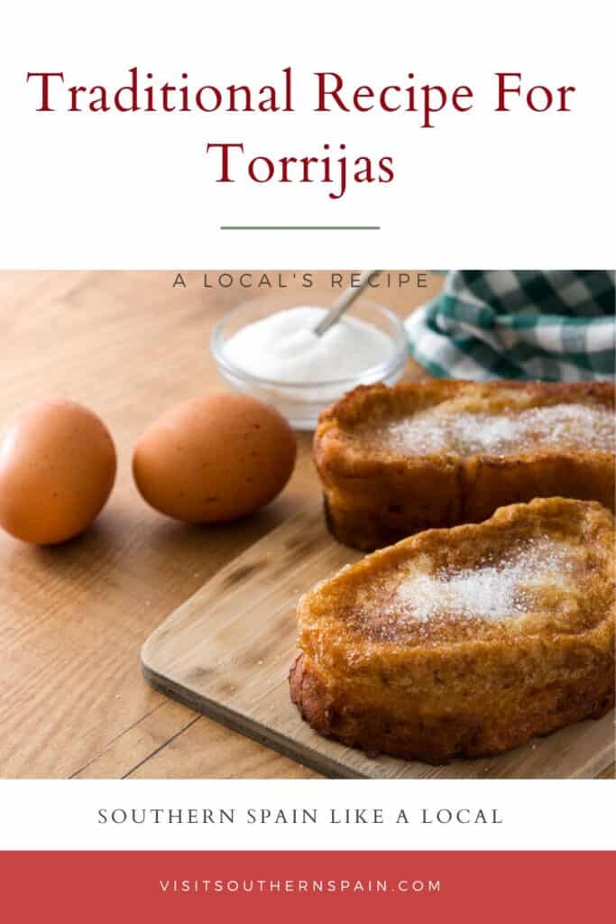 a pin with a recipe for torrijas on a wooden board with eggs next to it. 