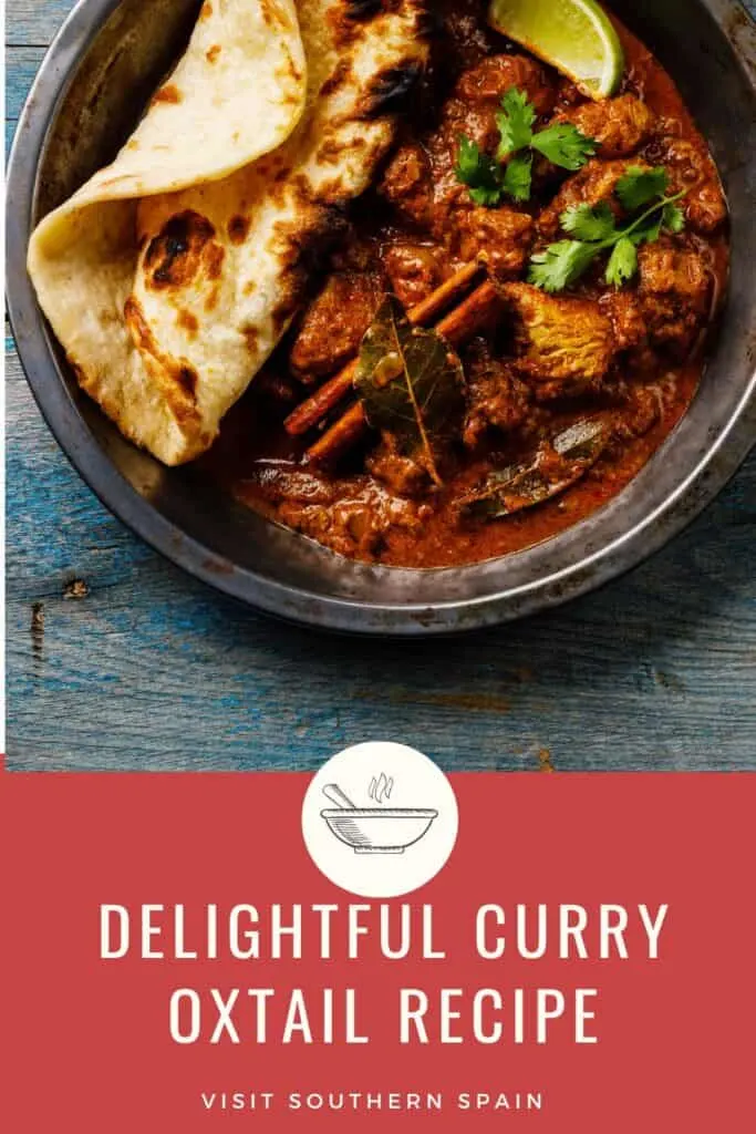 a pin with curry oxtail recipe in a bowl served with naan