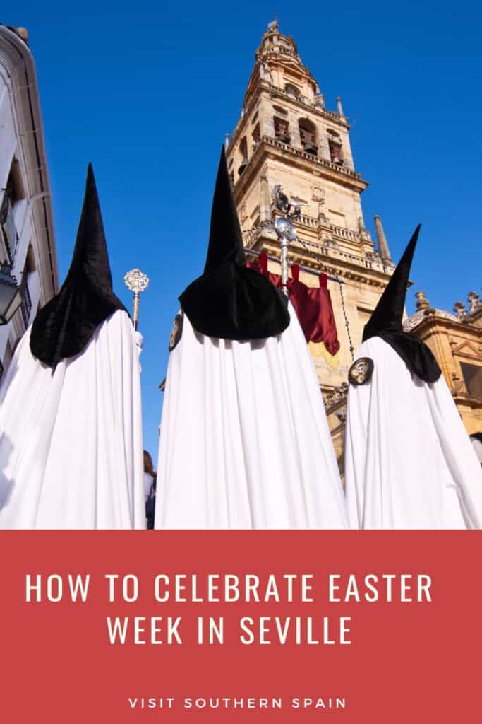 a pin with a group of people dressed in traditional cloaks during Easter week in seville
