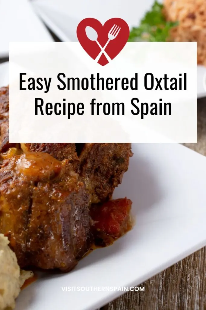 a pin with a closeup of smothered oxtail recipe