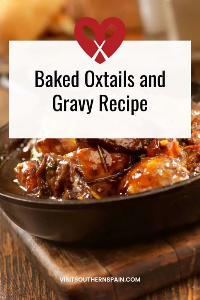 a pin with Baked Oxtails and Gravy in a clay bowl.