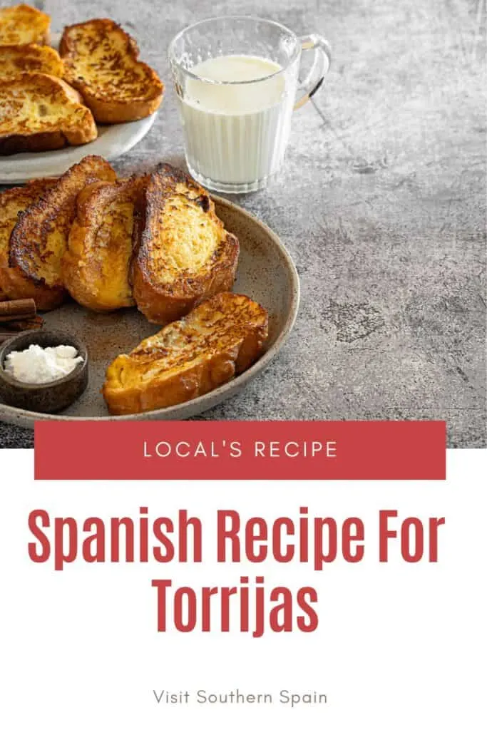 a pin with torrijas on a plate made with the recipe for torrijas