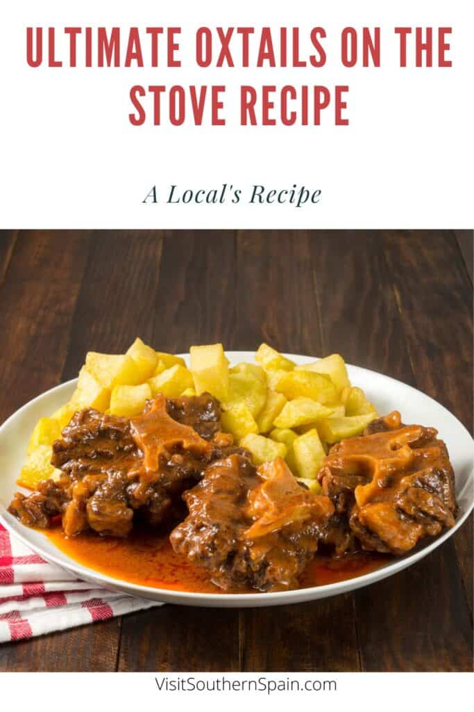a pin with Oxtails On The Stove recipe in a plate served with potatoes.