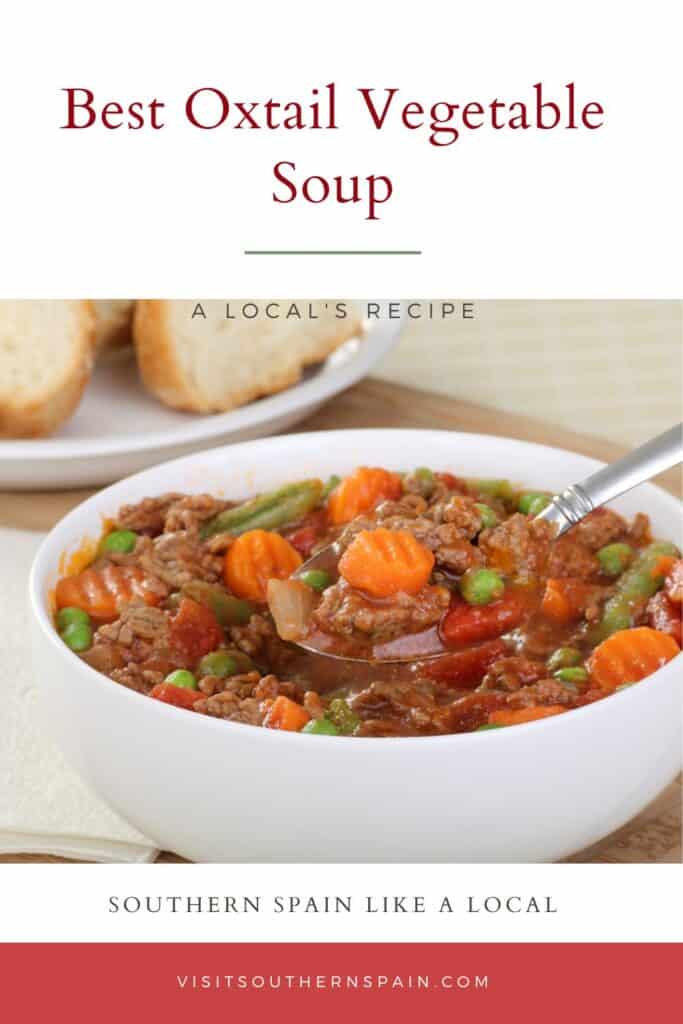 a pin with a hearty bowl of oxtail vegetable soup