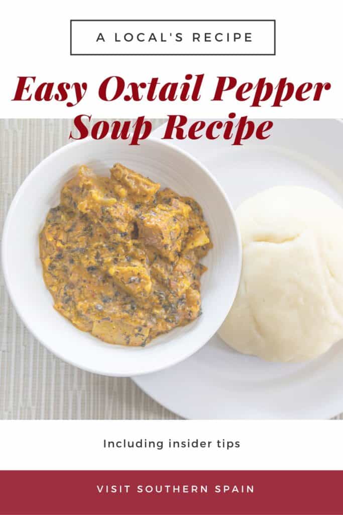 a pin with a bowl of Oxtail Pepper Soup served with rice