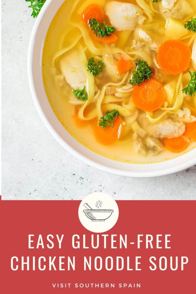 a pin with a bowl of gluten-free chicken noodle soup.