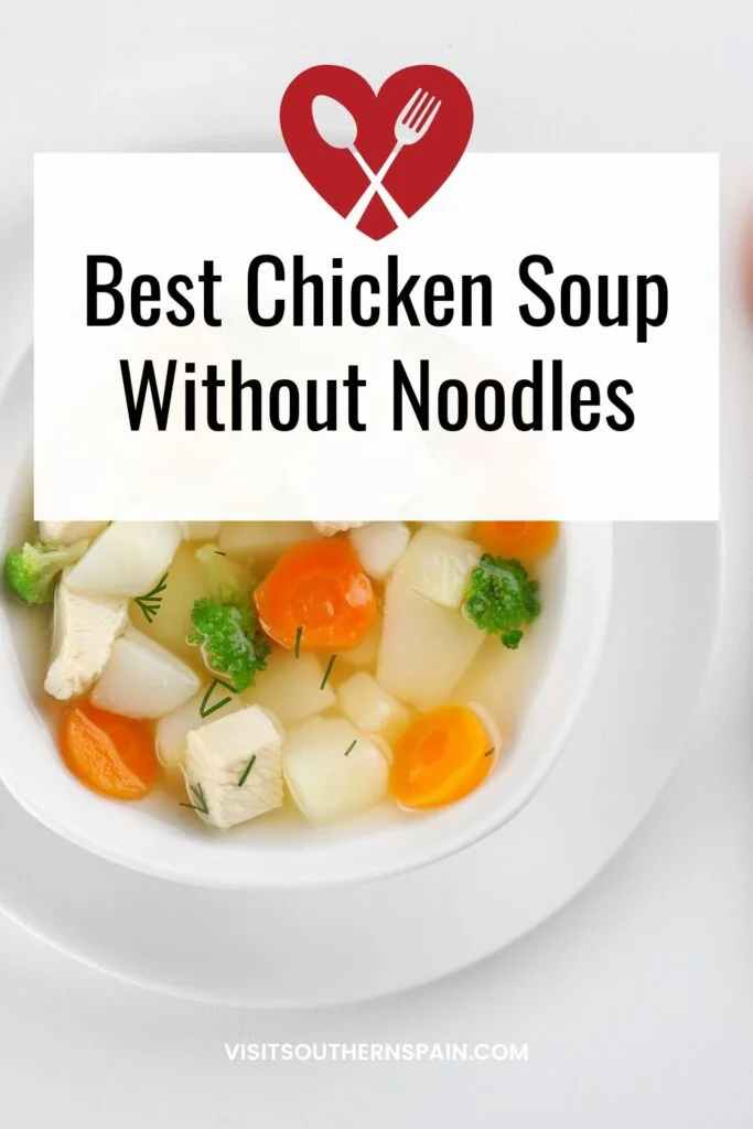 a pin with chicken soup without noodles and vegetables.