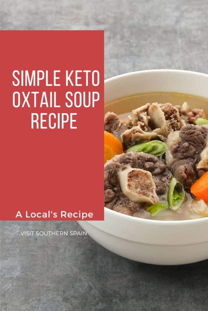 a pin with keto oxtail soup in a bowl.