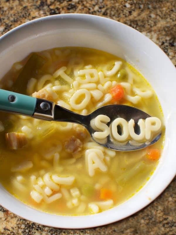 alphabet soup with soup spelled in the spoon