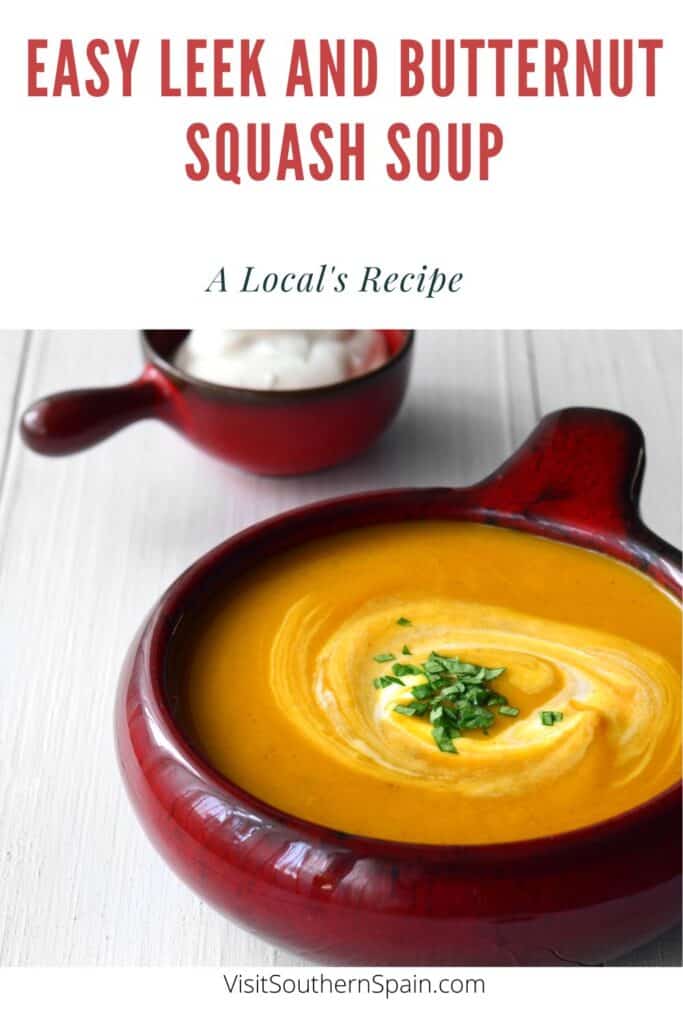 a pin with Leek And Butternut Squash Soup in a clay pot.
