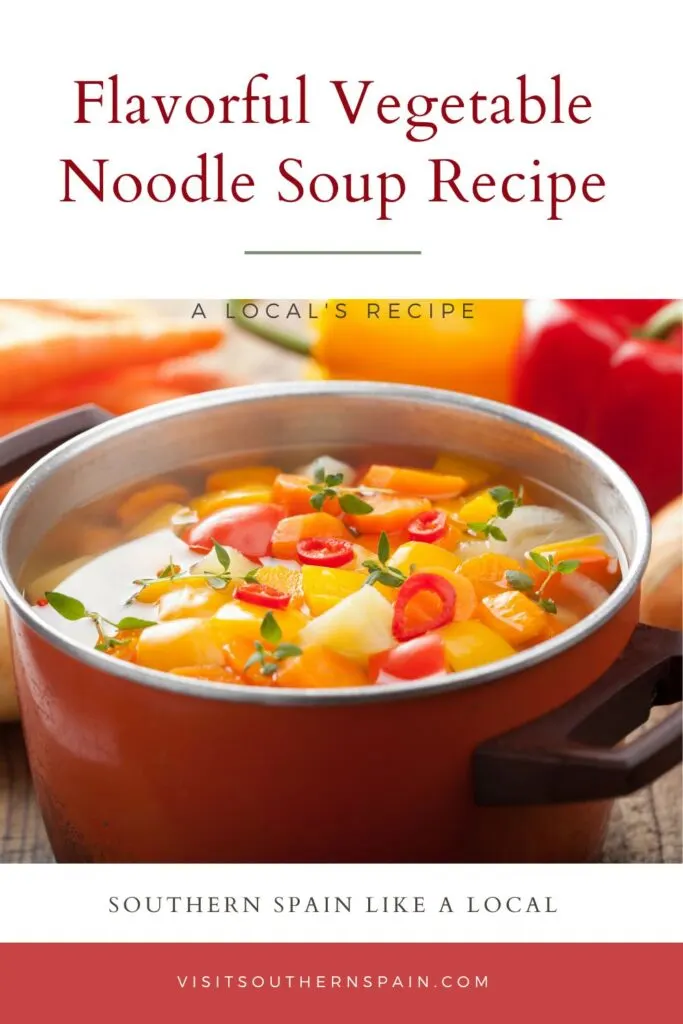 a pin with a vegetable noodle soup in a pot.