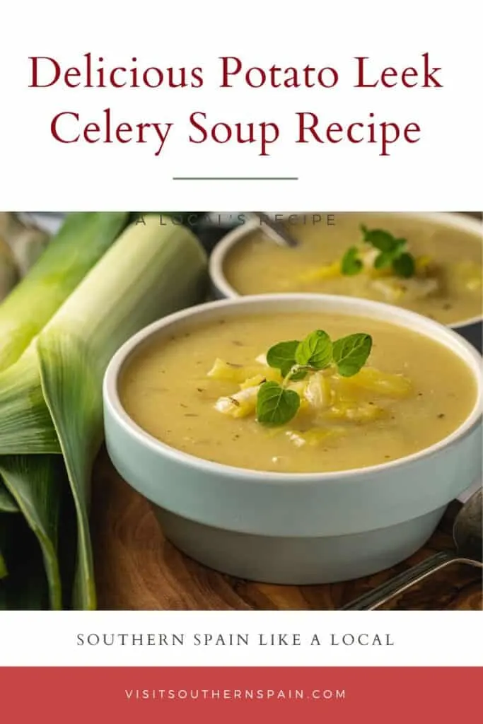a pin with 2 bowl of potato leek celery soup