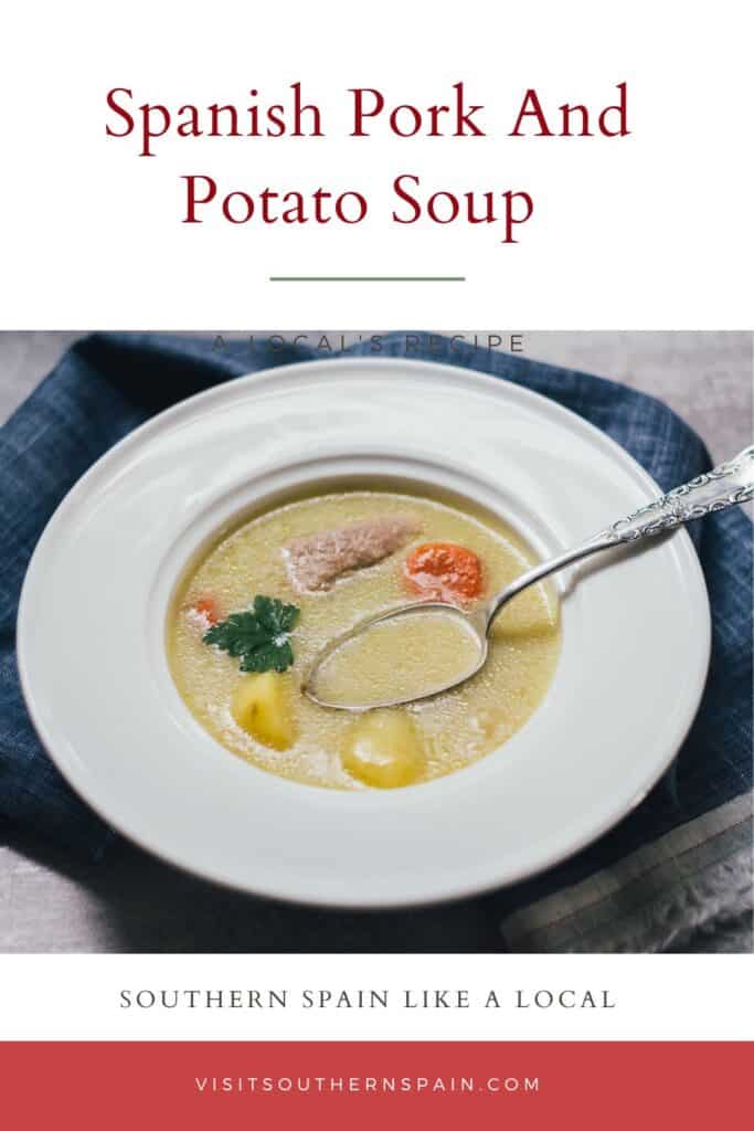 a pin with a bowl of pork and potato soup