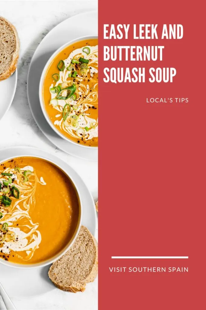 a pin with 2 bowls of Leek And Butternut Squash Soup