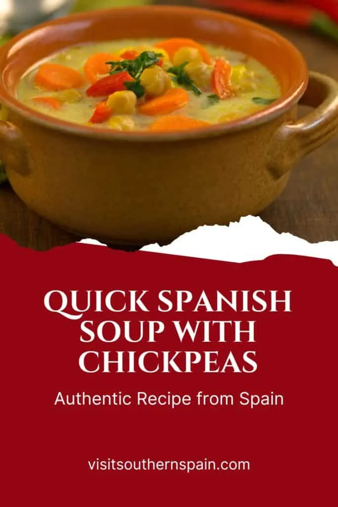 a pin with a Spanish soup with chickpeas in a clay bowl.