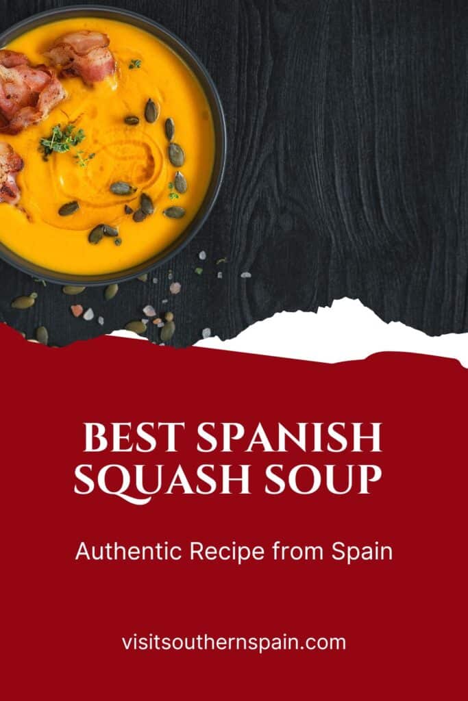 a pin with a Spanish squash soup in a black bowl.