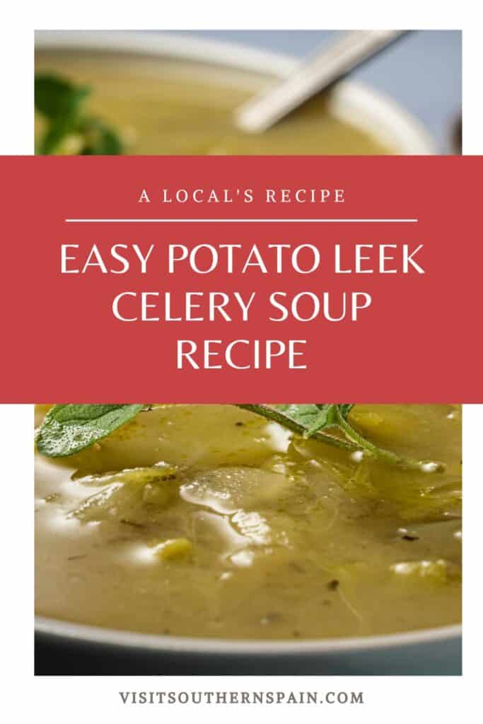 a pin with a closeup of a potato leek celery soup