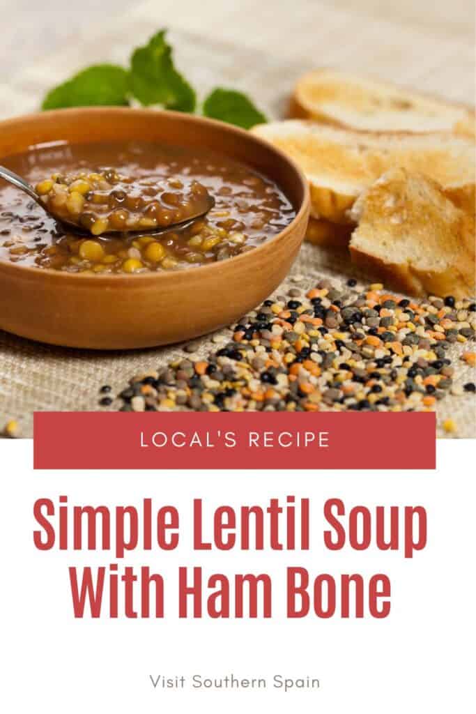 a pin with a lentil soup with ham bone in a wooden bowl.