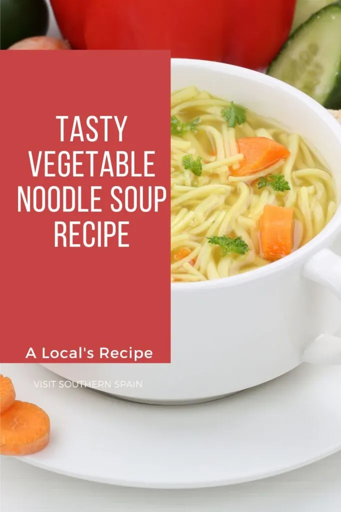 a pin with vegetable noodle soup in a bowl