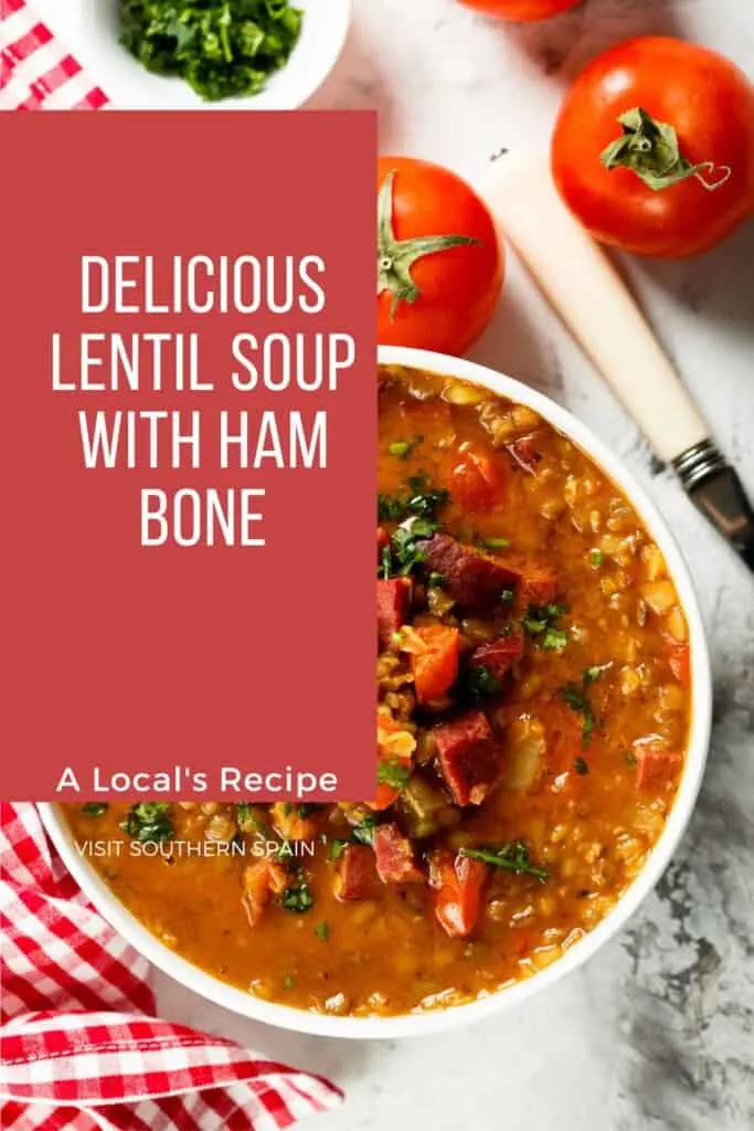 a pin with lentil soup with ham bone served in bowl