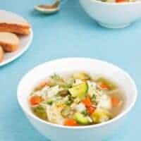 Vegetable Noodle Soup in 2 bowl served with bread