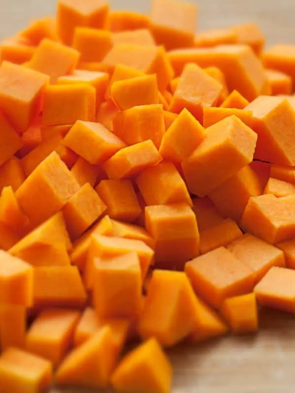 closeup with Butternut Squash cut into cubes for the Spanish Squash Soup