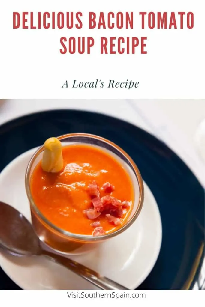 a pin with a glass cup with Bacon Tomato Soup