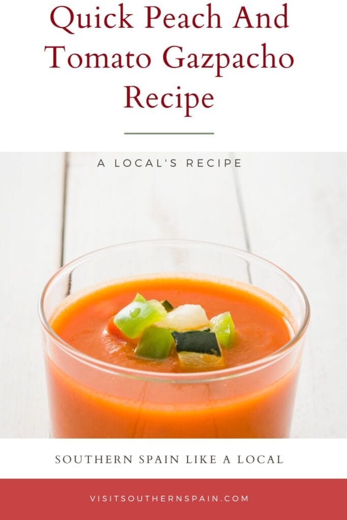 a pin with a glass of peach and tomato gazpacho