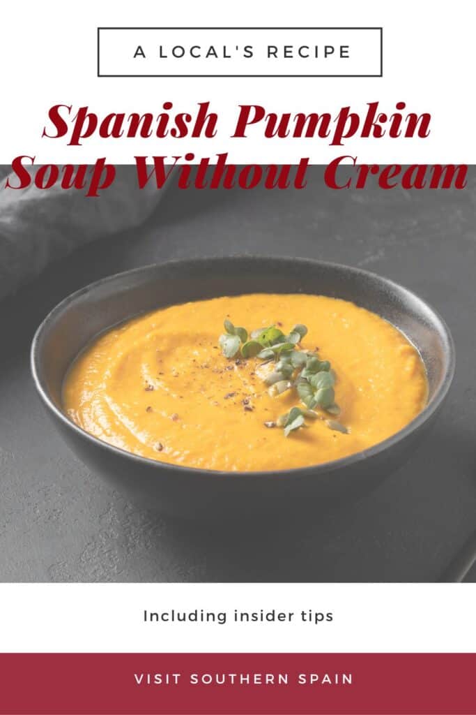 a pin with a Spanish pumpkin soup without cream in a black bowl.