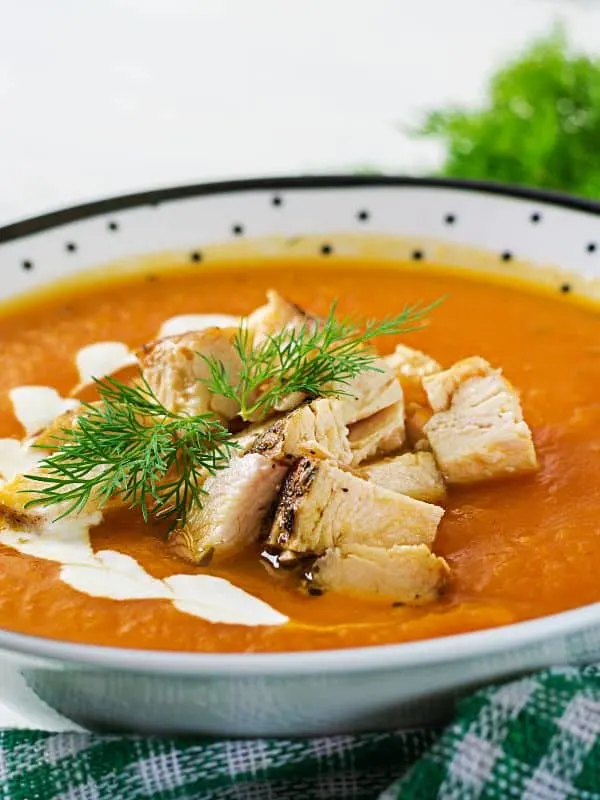 closeup of a Spanish pumpkin soup with chicken