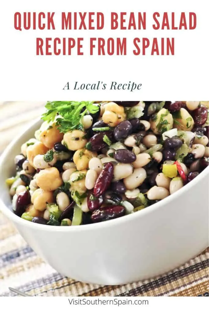 a pin with a Mixed Bean Salad in a white bowl,
