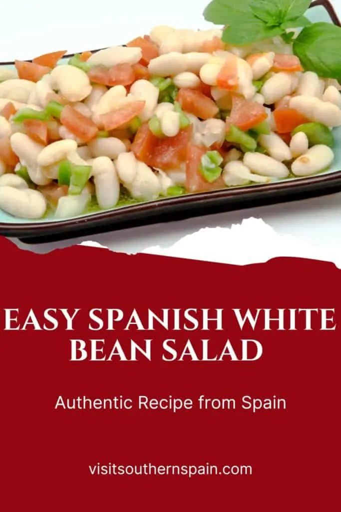 a pin with a Spanish White Bean Salad Recipe on a plate.